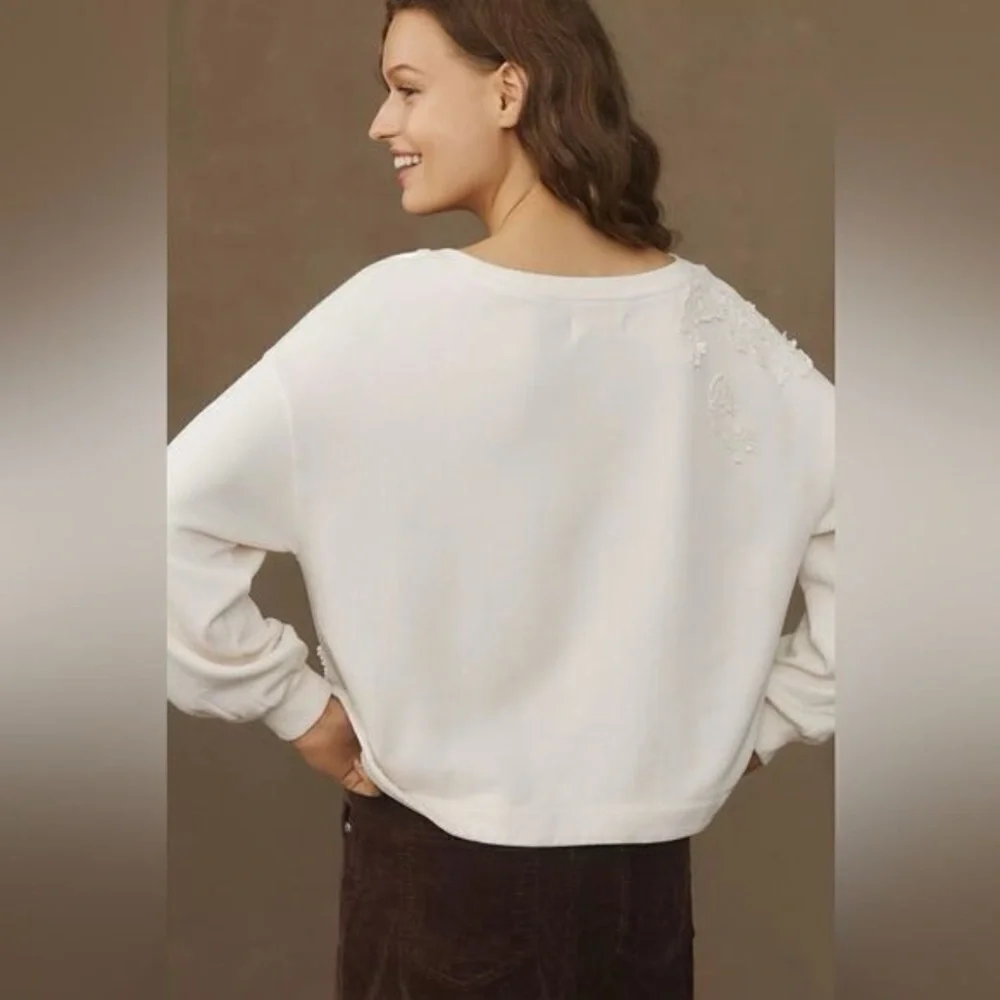Anthropologie Crochet Appliqué Pullover Sweatshirt in Ivory Size Small